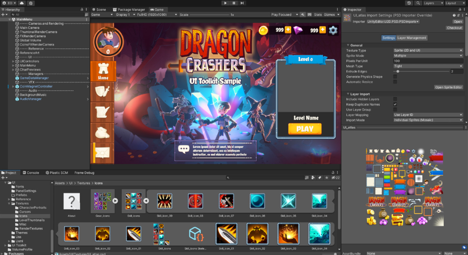 UI Toolkit 示例中的最终生产资源 - 项目视图和检查器窗口中的 Dragon Crashers