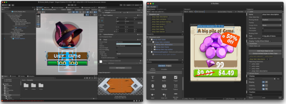 使用 Unity UI 编辑器（左）��与使用 UI Builder（右）创建 UI Toolkit 界面