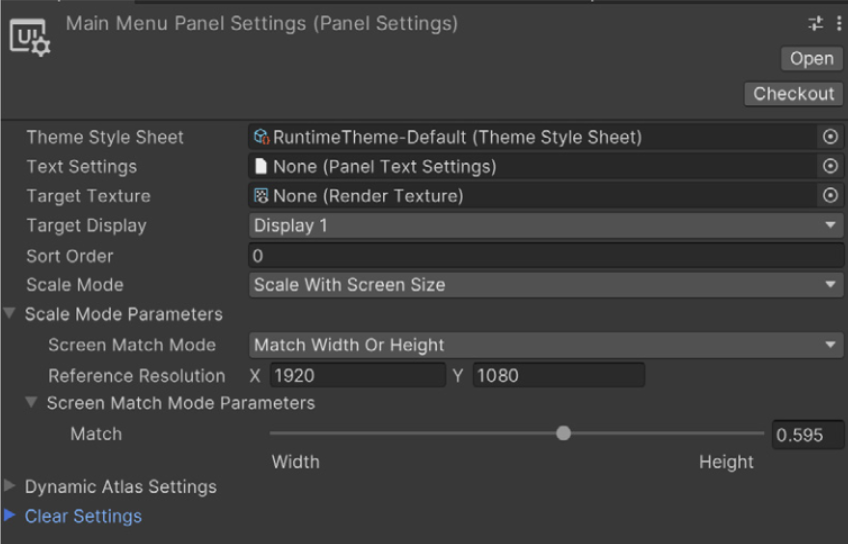 在 UI Toolkit 的面板设置中，您可以找到与 Unity UI 中类似的缩放选项